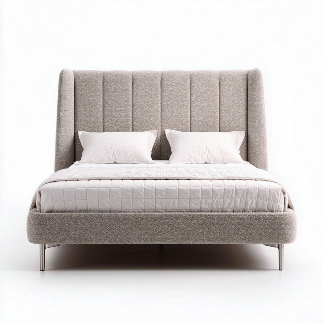 Lit double en tissu beige avec tête de lit capitonnée 210 x 180 x 100cm
