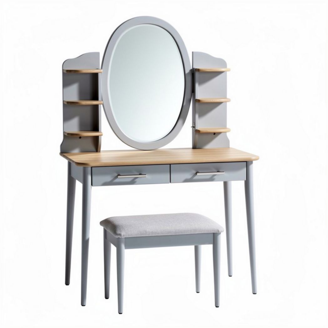 Coiffeuse avec miroir ovale et rangements en bois et métal 100 x 40 x 150 cm