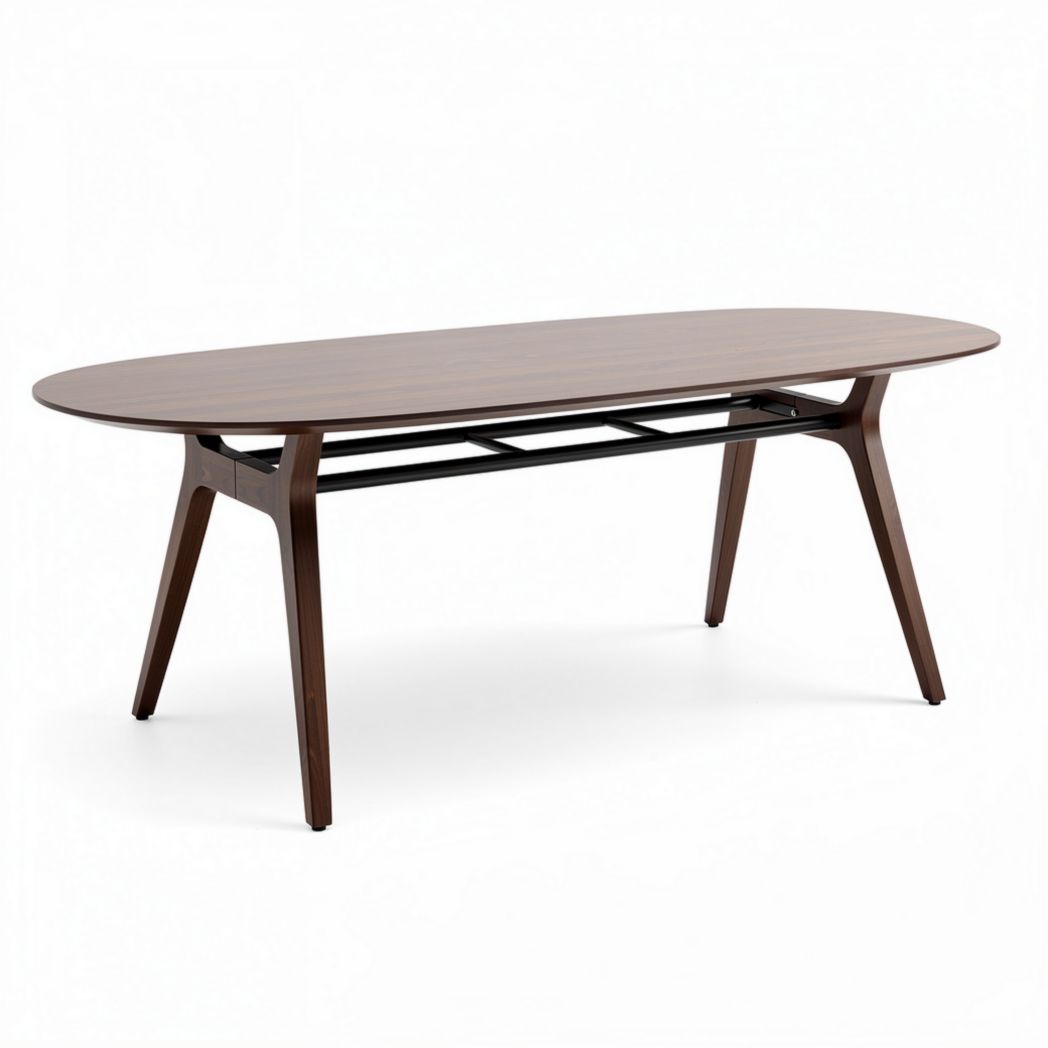 Table ovale en bois marron de 180 x 90 x 75 cm avec pieds en métal noir