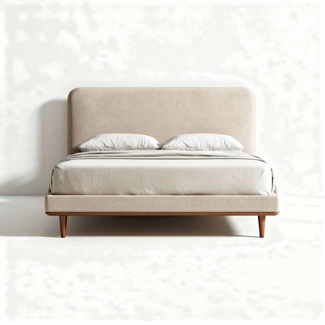 Lit en tissu beige avec structure en bois 210 x 160 x 100cm